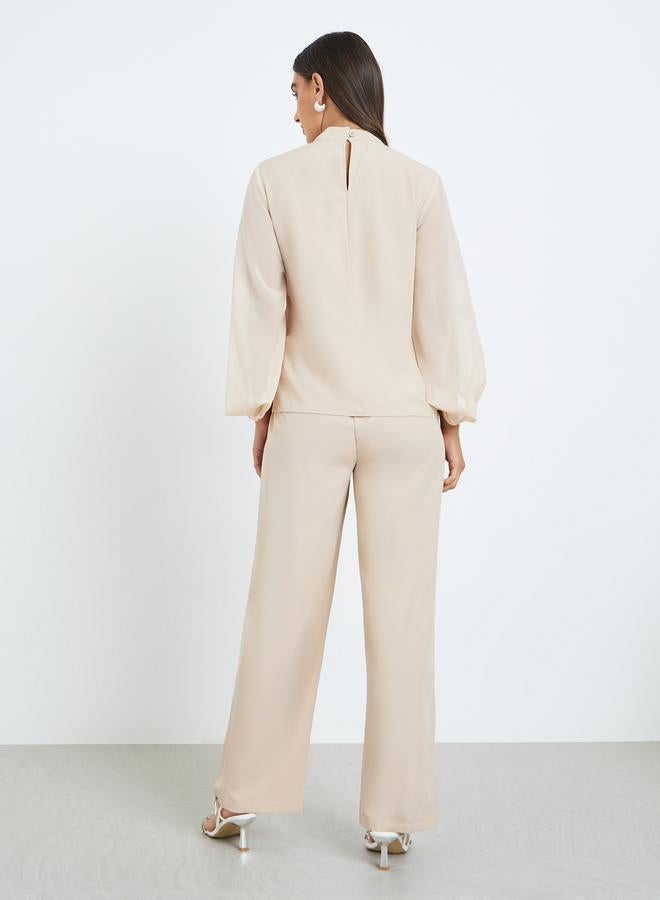 Styli Women Beige Rhinestone-Embellished Top and Pants Co-Ords - Image 3